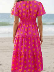 Rose Double Polka Dot Short Sleeve Shirred High Waist Midi Dress - Miniatuur