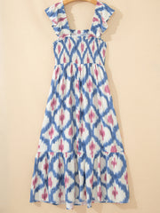Himmelblaues, ethnisch-geometrisches Muster mit quadratischem Hals, hoch taillenförmigem Kleid mit Rüschenärmeln - Miniatuur