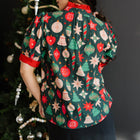 Green Christmas Fashion Print Contrast Trim Frilled Neck Short Sleeve Blouse - Thumbnail