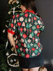 Green Christmas Fashion Print Contrast Trim Frilled Neck Short Sleeve Blouse - Miniatuur