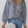 Blue Floral Print Notched V Neck Puff Sleeve Blouse - Damesmode Afbeelding 3 - Foto 3