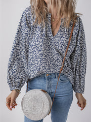 Blue Floral Print Notched V Neck Puff Sleeve Blouse - Damesmode Afbeelding 3 - Miniatuur