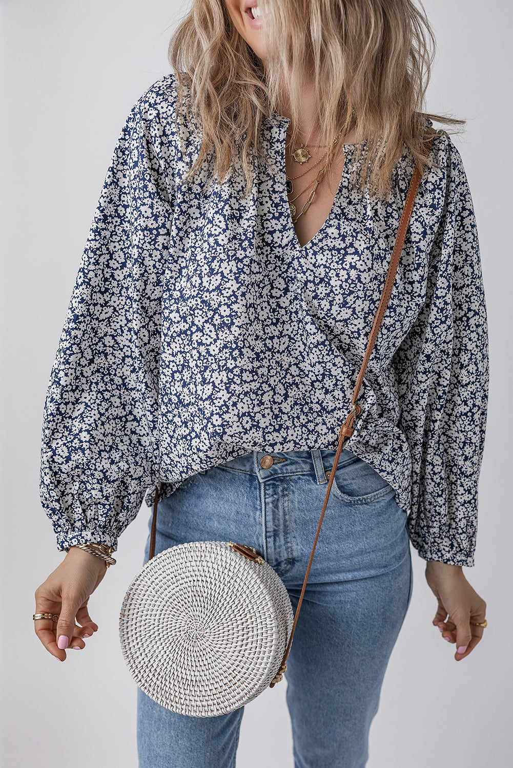 Bluse mit Blütenmuster mit Kerbdruck V-Ausschnitt und Puffärmel – Damesmode Afbeelding 3
