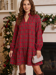 Red Plaid Long Sleeve Mini Shift Silhouette Decoration Dress - Miniatuur