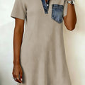 Beige Short Sleeve Ribbed Knit Denim Patchwork Polo Collar Dress - Damesmode Afbeelding 3 - Foto 3