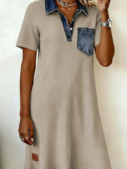 Beige kortærmet rib denim patchwork polokravekjole - Damesmode Afbeelding 3 - Miniatuur
