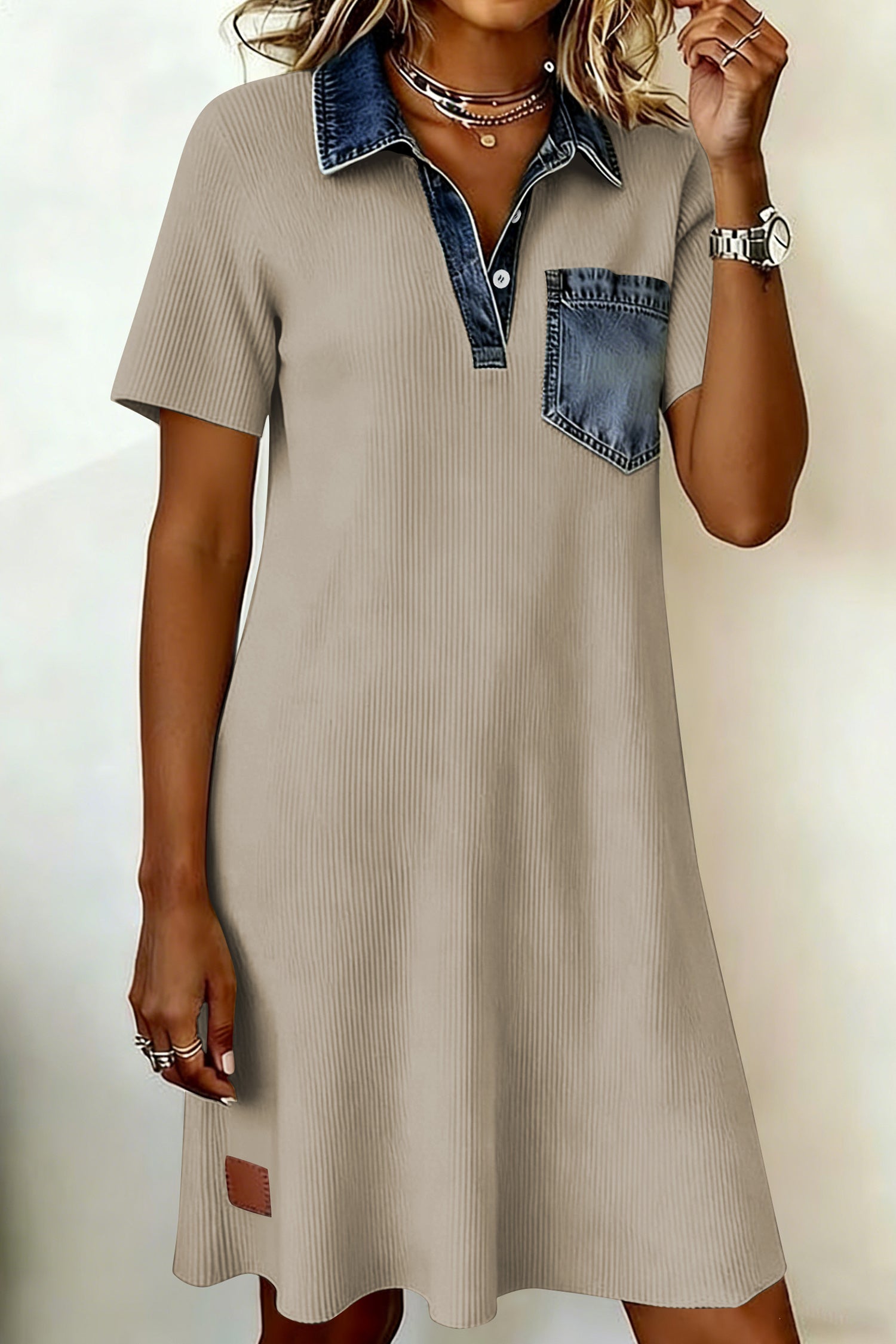 Beige Short Sleeve Ribbed Knit Denim Patchwork Polo Collar Dress - Damesmode Afbeelding 3