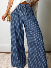 Sky Blue Polka Dot Print Button Pleated Detail Wide Leg Jeans - Miniatuur