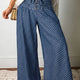 Himmelblaue Polka-Punkte-Knopf-Falten-Detail-Jeans mit weiten Beinen