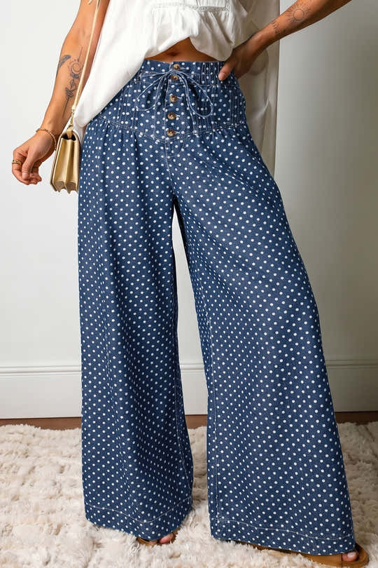 Sky Blue Polka Dot Print Button Pleated Detail Wide Leg Jeans