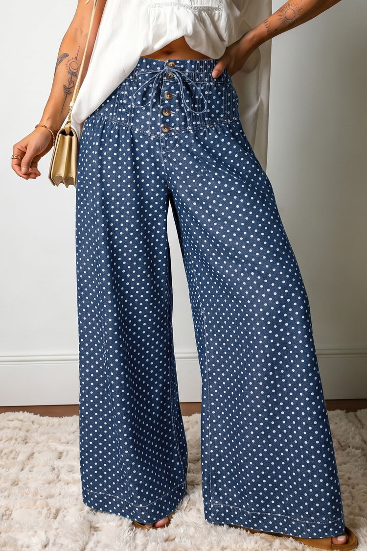 Himmelblaue Polka-Punkte-Knopf-Falten-Detail-Jeans mit weiten Beinen - Damesmode