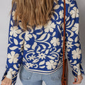 Blue Flower Print Open Front Buttoned Cuffs Elegant Jacket - Damesmode Afbeelding 2 - Foto 2