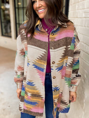 White Aztec Print Button Up Shacket - Miniatuur