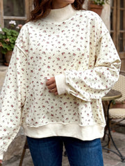 Beige ribbad höghalsad patchwork blommig tröja med baggy sweatshirt - Damesmode Afbeelding 1 - Miniatuur