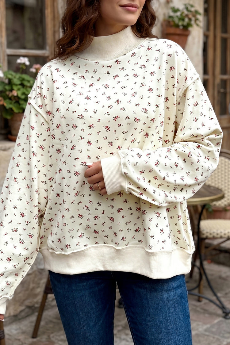 Beige Ribbed High Neck Patchwork Floral Print Baggy Pullover Sweatshirt - Damesmode Afbeelding 1 - Damesmode