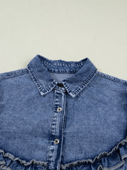 Dusk Blue Vintage Wash Denim Rüschen-Detail Hemd mit Knöpfen - Miniatuur