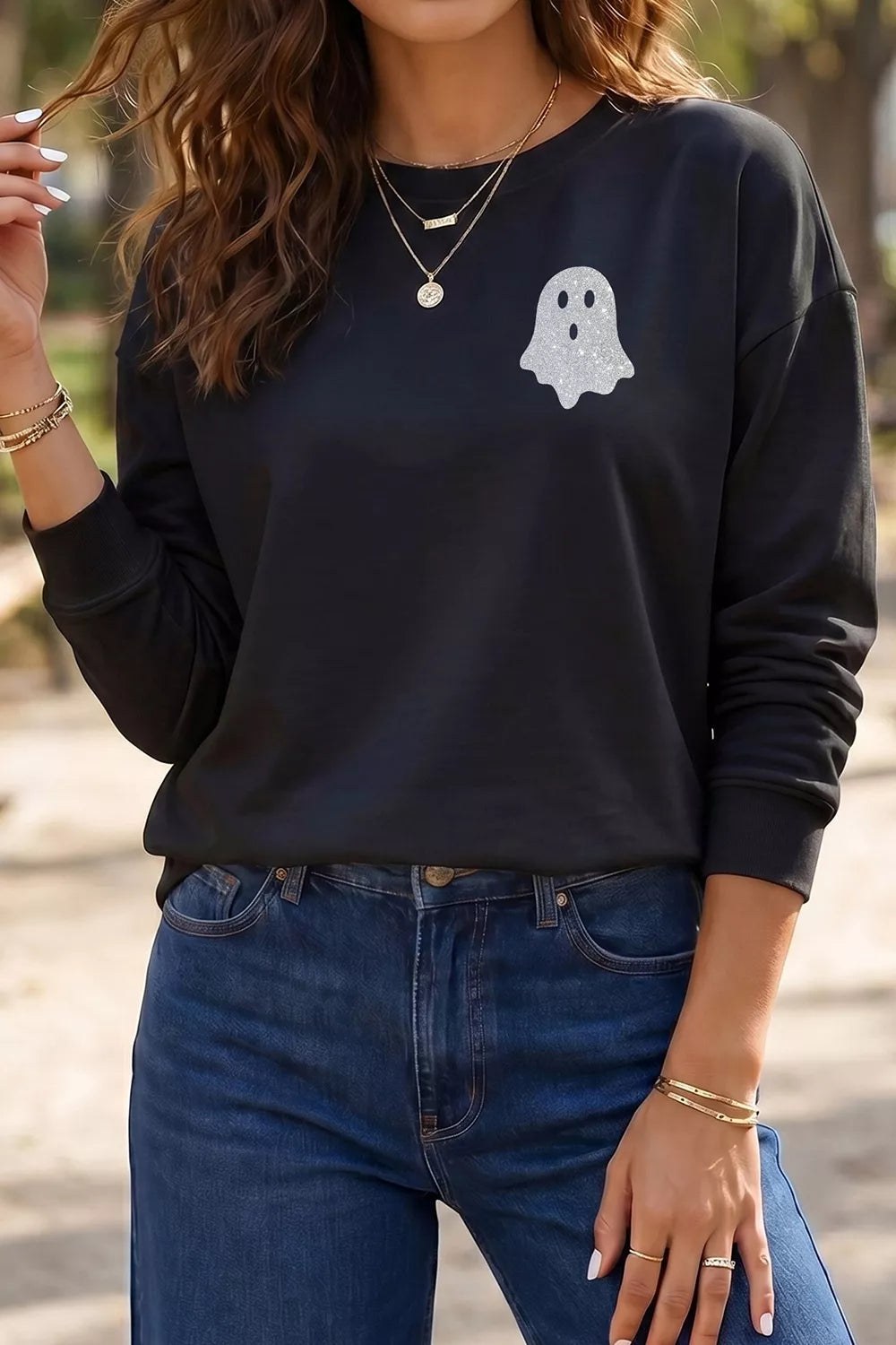 Round Neck Ghost Print Regular Fit Graphic Long Sleeve T-Shirt
