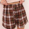 Brown Plaid Button Front Elastic Waist Shorts - Damesmode Afbeelding 3 - Foto 3