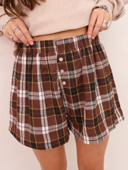 Brown Plaid Button Front Elastic Waist Shorts - Women's Fashion Image 3 - Miniatuur