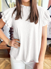 Rose Red Solid Color Textured Ruffle Trim Short Sleeve Blouse - Miniatuur