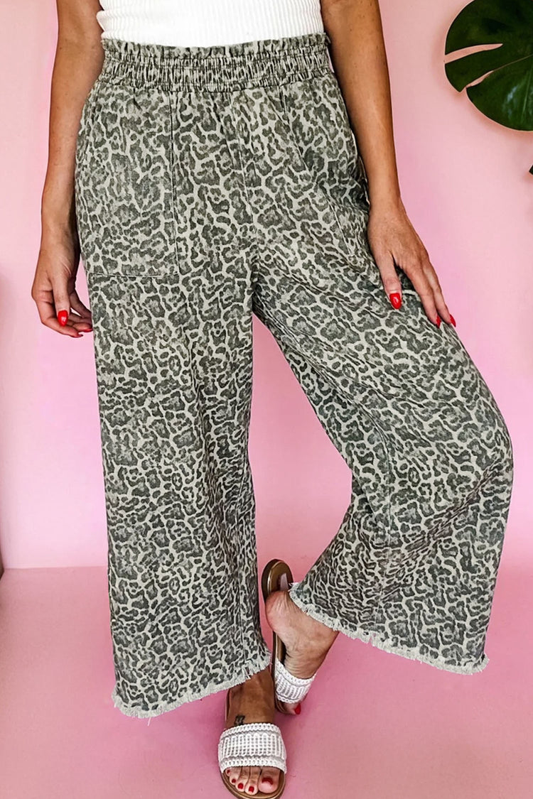 Brown Leopard Print Raw Hem Elastic Waist Loose Pull On Jeans - Damesmode Afbeelding 1 - Damesmode