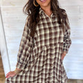 Brown Plaid Long Sleeve Short Shift Mini Dress - Damesmode Afbeelding 4 - Foto 4