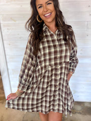 Brown Plaid Long Sleeve Short Shift Mini Dress - Damesmode Afbeelding 4 - Miniatuur