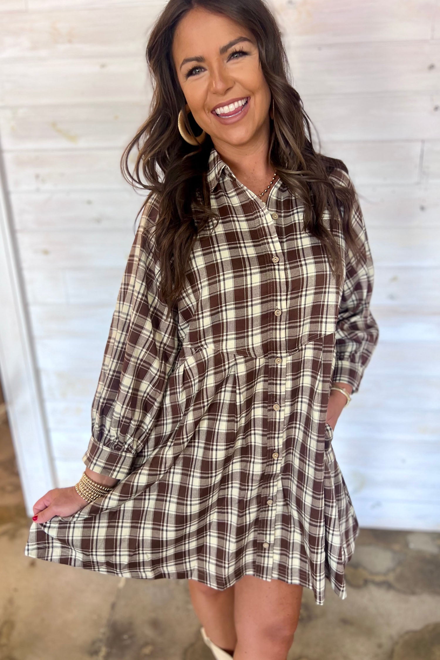 Brown Plaid Long Sleeve Short Shift Mini Dress - Damesmode Afbeelding 4