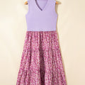 Purple Ribbed V Neck Tank Floral Contrast Patchwork Long Dress - Foto 3