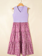 Purple Ribbed V Neck Tank Floral Contrast Patchwork Long Dress - Miniatuur