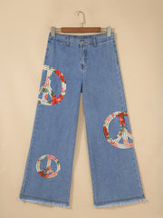 Myosotis Floral Peace Sign Embroidered Patch Wide Leg Jeans - Miniatuur