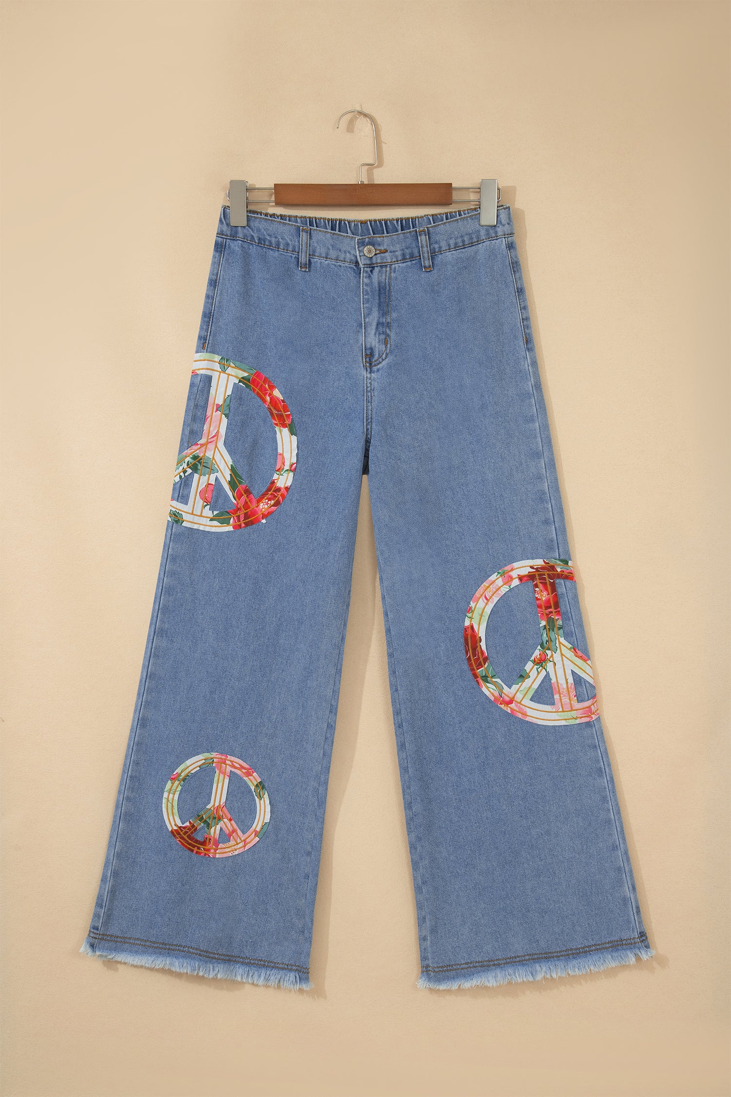 Jeans com Emblema da Paz Floral de Myosotis com Patch Bordado de Perna Larga