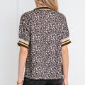 Khaki Leopard Print Half Zip Striped Trim Patchwork Short Sleeve Top - Foto 3