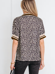 Khaki Leopard Print Half Zip Striped Trim Patchwork Short Sleeve Top - Miniatuur