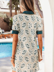 Red Geometric Floral Print Lace Trim Collared Short Sleeve Mini Dress - Miniatuur