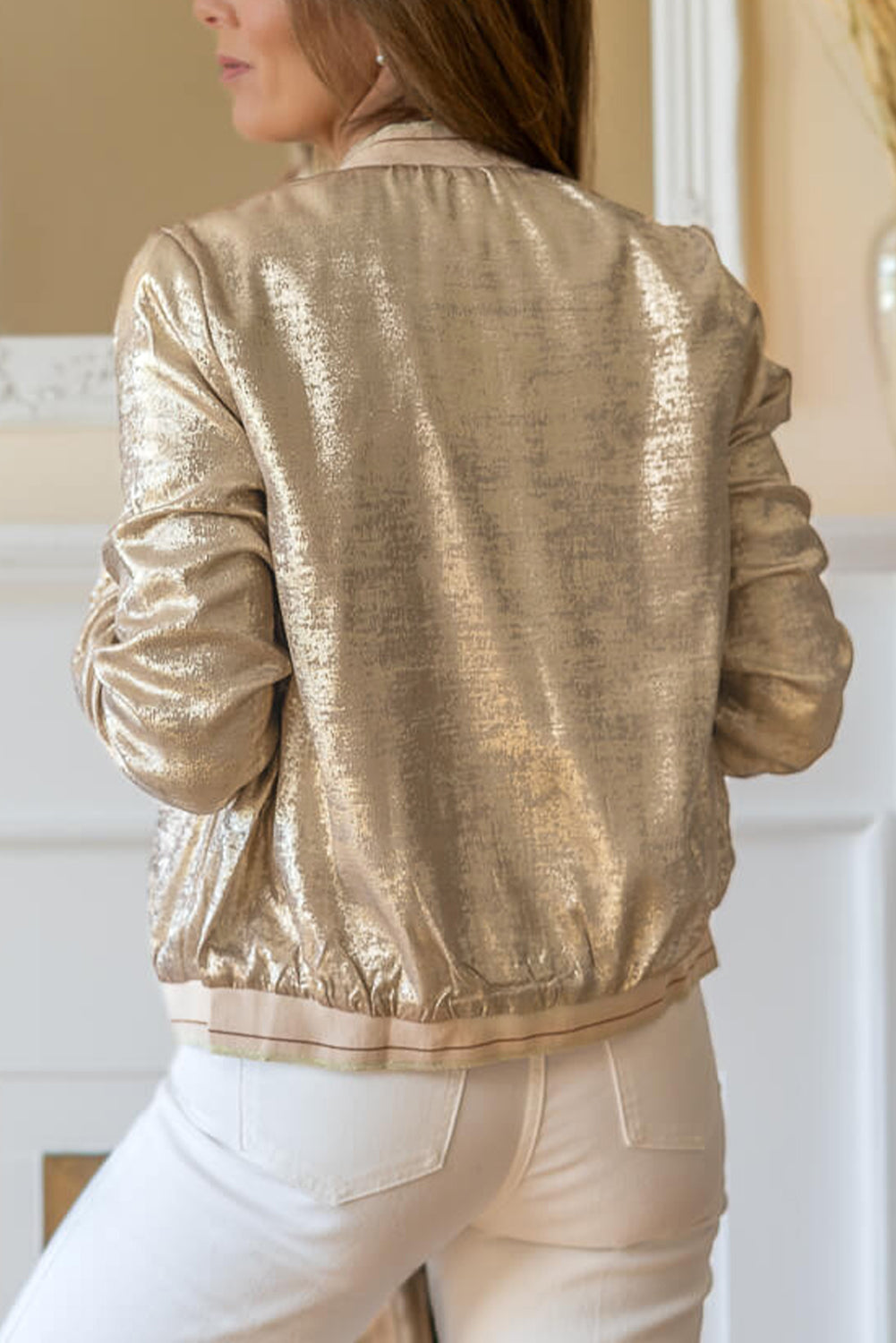 Pale Khaki Metallic Baseballjacke mit Reißverschluss