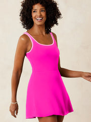Rose Red Contrast Trim Neckline Active Shorts Attached One Piece Swim Dress - Miniatuur