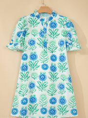 Vestido de manga corta con estampado floral azul celeste, medio botón con volantes y manga corta - Miniatuur