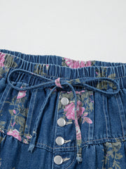Blue Retro Floral Print Tie Elastic Waist Button Pintuck Wide Leg Jeans - Women's Fashion Image 6 - Miniatuur