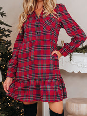 Chemise à carreaux rouge, col demi-bouton, ourlet à volants, mini-robe à manches longues - Miniatuur