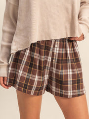 Brown Plaid Button Front Elastic Waist Shorts - Women's Fashion Image 6 - Miniatuur