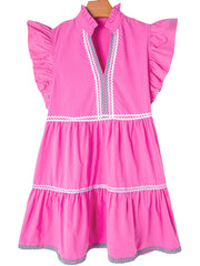 Strawberry Pink Ric Rac Colorblock Flutter Sleeve V Neck Tiered Dress - Miniatuur