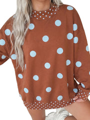 Felpa a Pois Marroni con Contrasto Dettaglio Contrasto Sweatshirt Oversize - Miniatuur