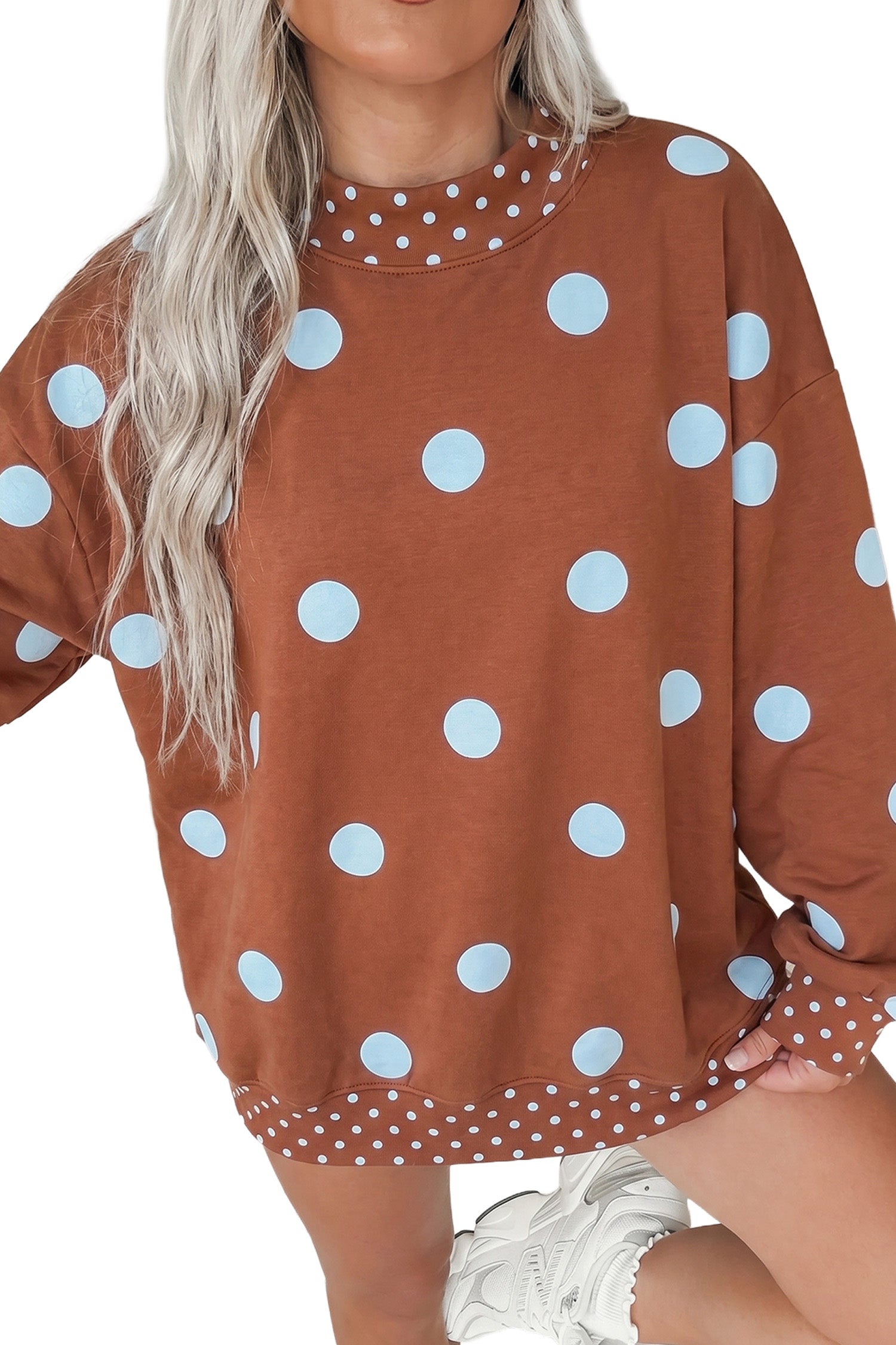 Sweat-shirt grand format à pois marron à motifs contrastants