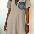 Beige Short Sleeve Ribbed Knit Denim Patchwork Polo Collar Dress - Damesmode Afbeelding 4 - Foto 4