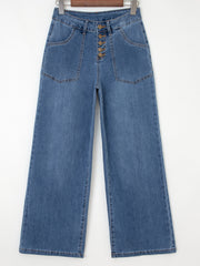 Jeans Ashleigh Blue à multiples boutons, taille haute et jambes larges, avec poches - Damesmode Afbeelding 3 - Miniatuur