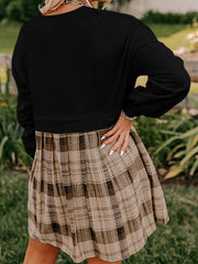 Black Plaid Patchwork High Waist Sweatshirt Mini Dress - Damesmode Afbeelding 2 - Miniatuur