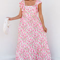 Pink Floral Print Square Neck Ruffled Strap Maxi Dress - Foto 3