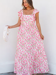 Maxi Dress rosa a scollo quadrato con spalline e volant con stampa floreale rosa - Miniatuur