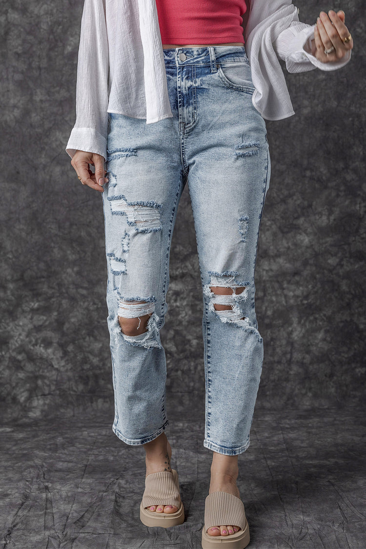 Sky Blue Light Wash Frayed Slim Fit High Waist Jeans - Damesmode